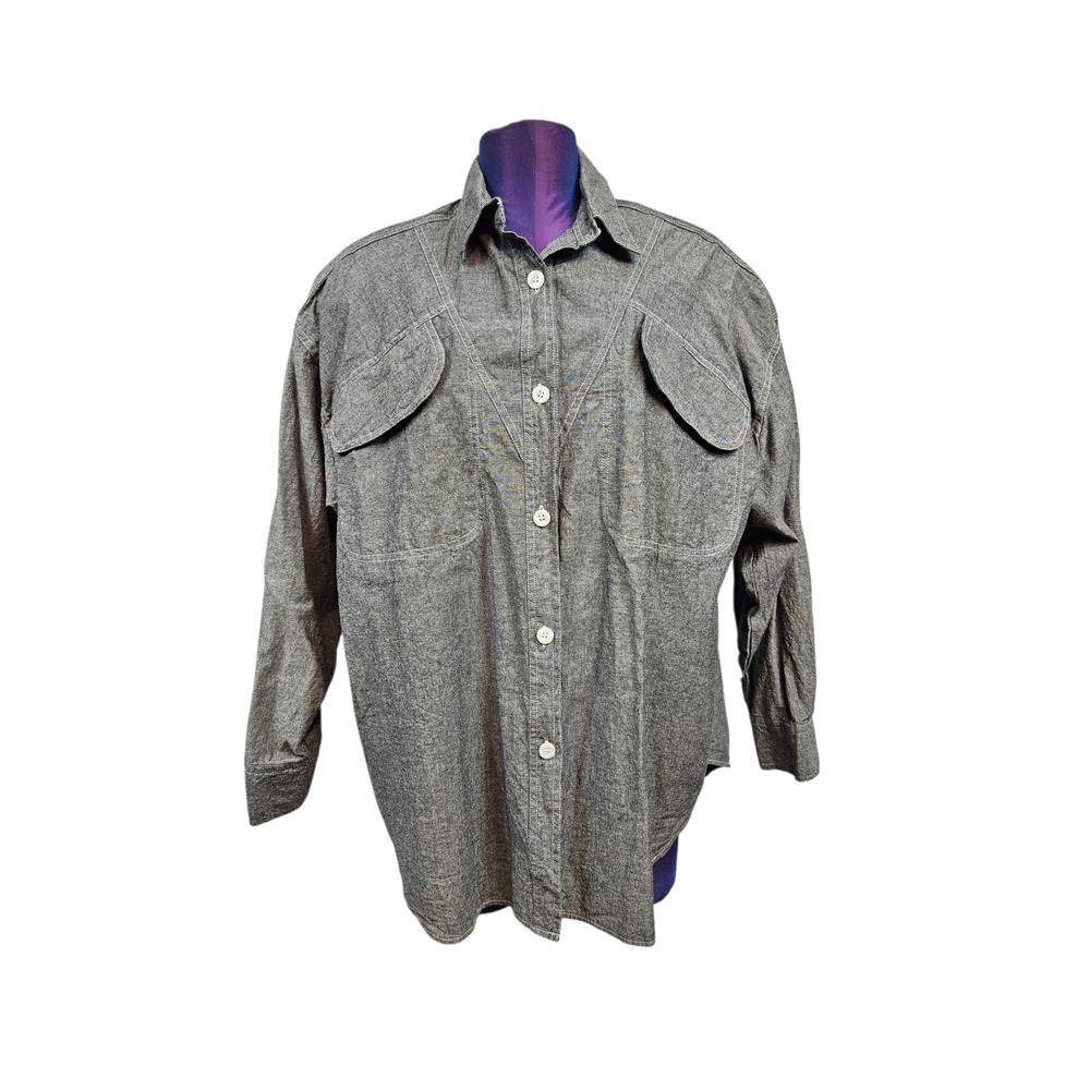 Vintage Avon Fashions Gray Cotton Western Button Down Shirt Flap Pockets Size 14 - Picture 7 of 7